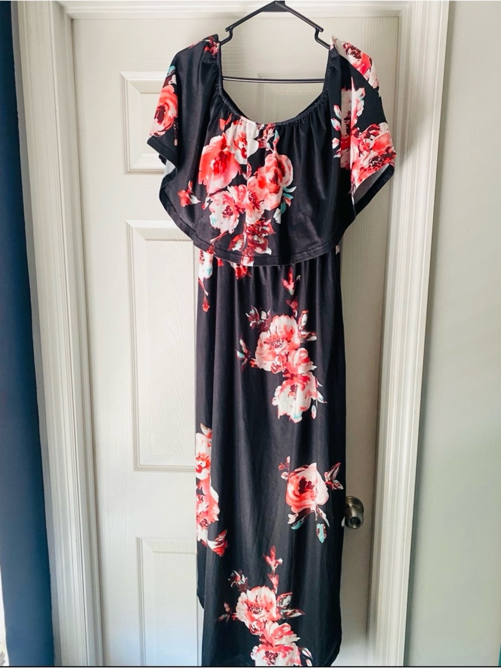 Black Floral Maxi Dress with Coral & White Blooms
